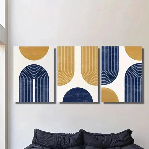 3pcs Golden Navy Blue Geometric Shapes & Lines Wall Art Set Canvas Unframed - High Quality Print 100% Australian Made Wall Canvas - Bella Home Decor