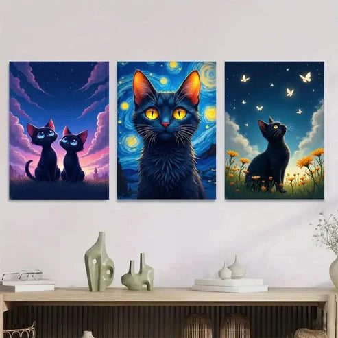 3pcs Night Cat Triptych Yellow Eyes Wall Art Set Canvas Unframed - High Quality Print 100% Australian Made Wall Canvas