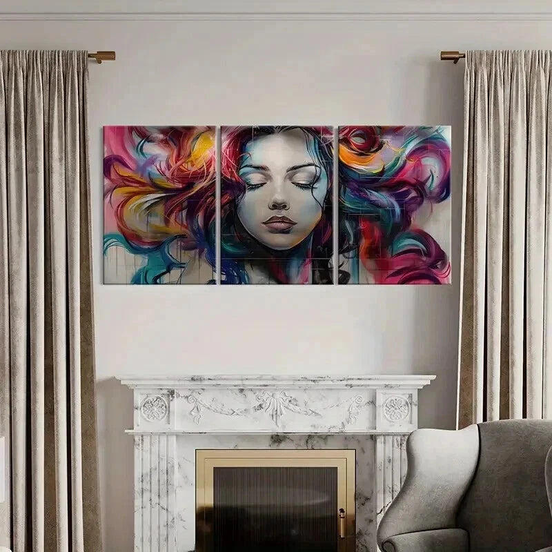 3pcs Abstract Woman Face Artwork Vibrant Colors Wall Art Set Canvas Framed 40x60cm - High Quality Print 100% Australian Made Wall Canvas Ready to Hang - Bella Home Decor