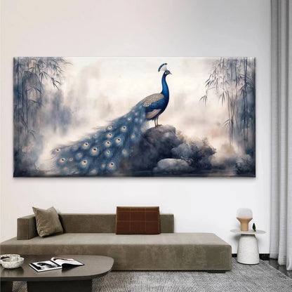 Elegant Blue Peacock Wall Art Canvas Office Home Room Framed 120x60cm