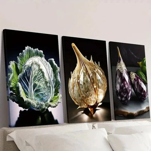 3pcs Cabbage Crystal Garlic Eggplant Wall Art Canvas Unframed - High Quality Print 100% Australian Made Wall Canvas - Bella Home Decor