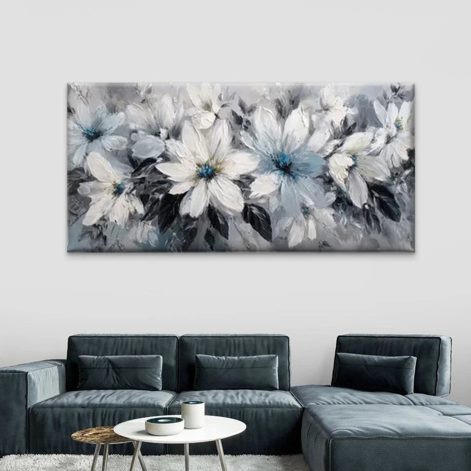 White & Blue Floral Abstract Wall Art Canvas Office Home Room Framed 120x60cm
