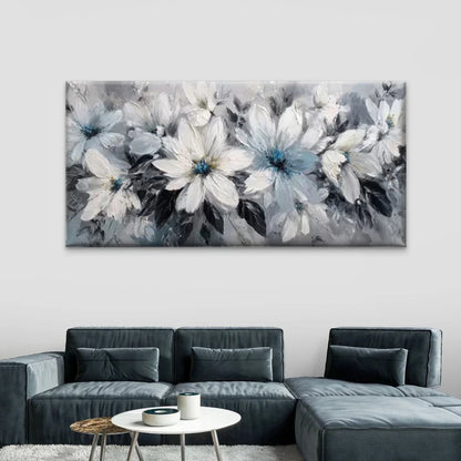 White & Blue Floral Abstract Wall Art Canvas Office Home Room Framed 120x60cm