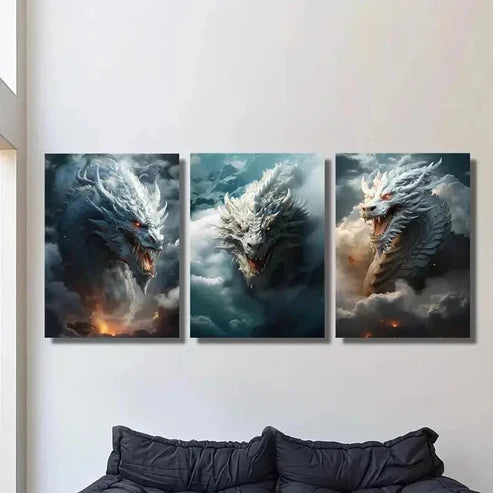 3pcs Fantasy Flying Dragon on the Clouds Wall Art Canvas Unframed - High Quality Print 100% Australian Made Wall Canvas