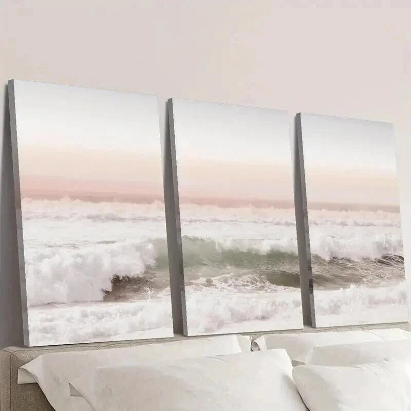 3pcs Pink Coast Sunset Ocean Scenery Wall Art Set Canvas Framed 60x90cm - High Quality Print 100% Australian Made Wall Canvas Ready to Hang