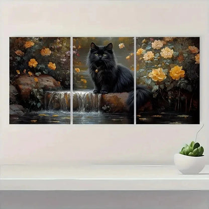 3pcs Black Cat Waterfall & Floral Desig  Wall Art Set Canvas Framed 60x90cm - High Quality Print 100% Australian Made Wall Canvas Ready to Hang - Bella Home Decor