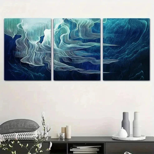 3pcs Abstract Blue & White Ocean Wave Art Set Canvas Unframed - High Quality Print 100% Australian Made Wall Canvas - Bella Home Decor