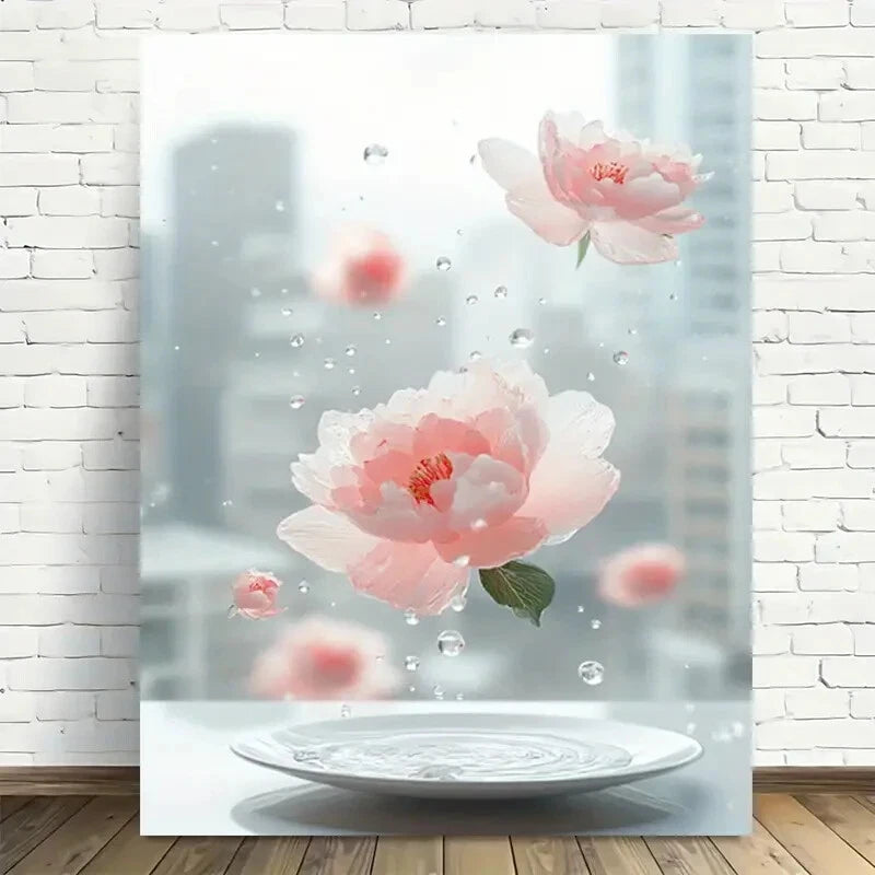 Beautiful Elegant Peony Flowers On Water Painting 40x60cm Metal Print Ready to Hang - Bella Home Decor