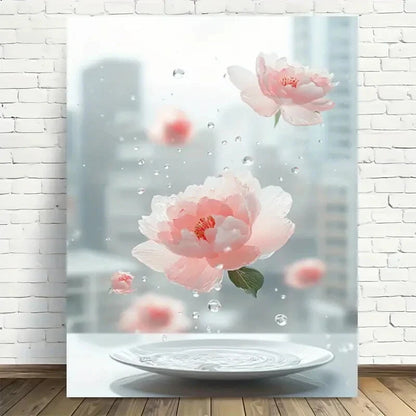 Beautiful Elegant Peony Flowers On Water Painting 40x60cm Metal Print Ready to Hang - Bella Home Decor