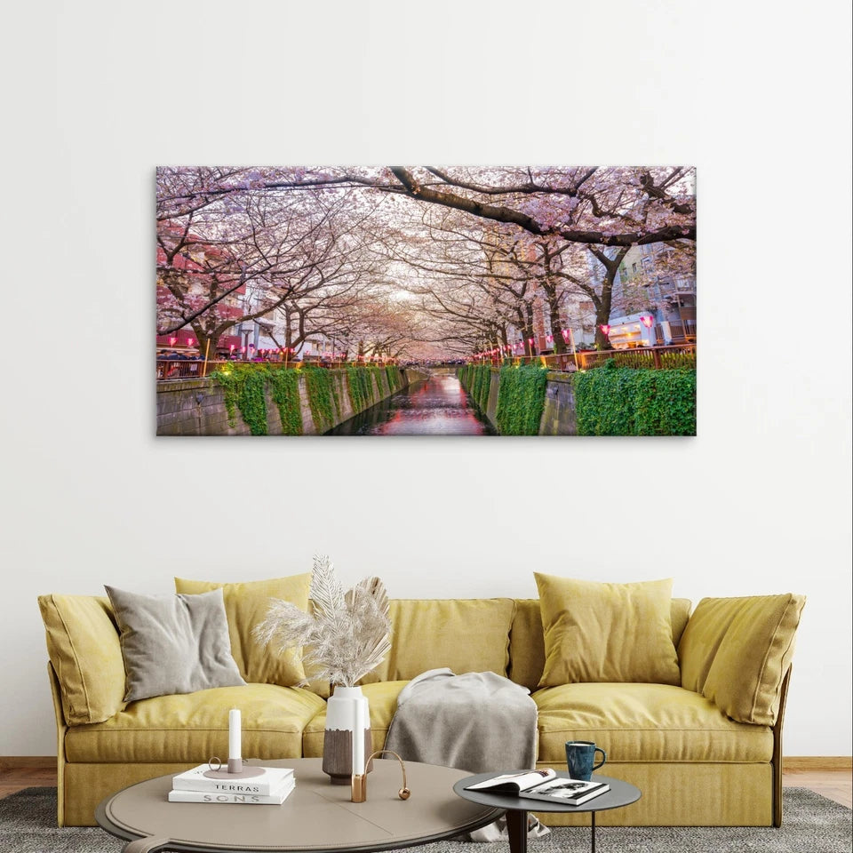 Landscape Cherry Blossom Canal Japan Wall Art Canvas Office Home Framed 120x60cm
