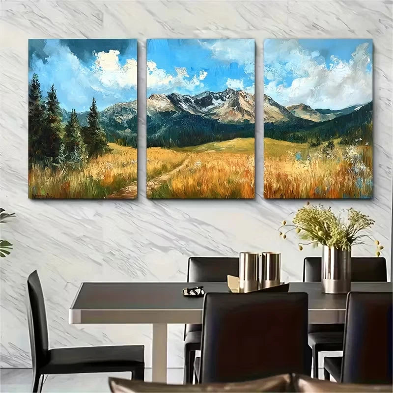 3pcs Meadows Painting Mountain Metal Print Ready to Hang Art