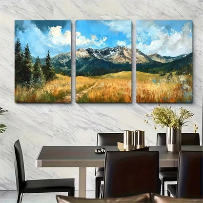 3pcs Meadows Painting Mountain Metal Print Ready to Hang Art