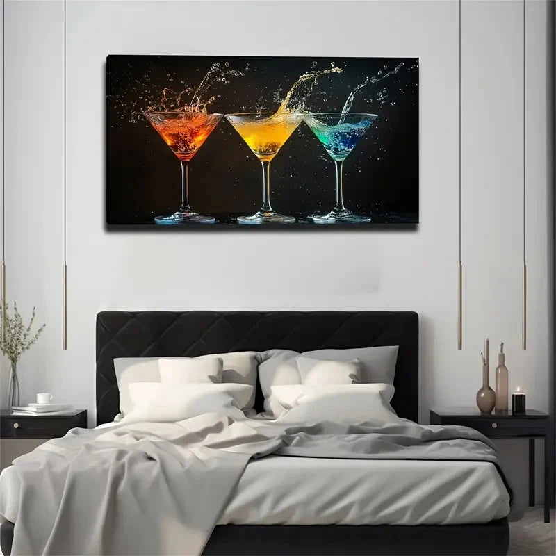 Three Glasses Liquid Splash Wall Art Canvas Office Home Room Framed 120x60cm