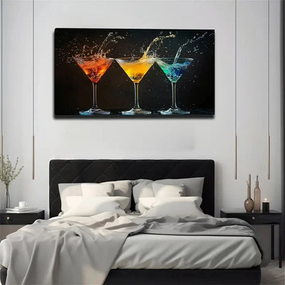 Three Glasses Liquid Splash Wall Art Canvas Office Home Room Framed 120x60cm