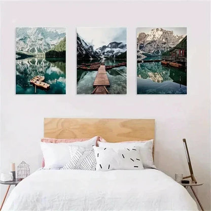 3pcs Mountain Lake Scenery with Canoes Wall Art Canvas Unframed - High Quality Print 100% Australian Made Wall Canvas