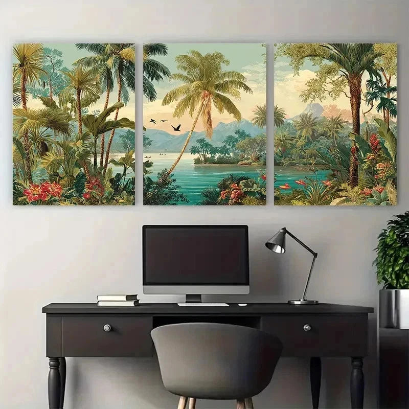 3pcs Palm Trees & Lush Greenery Floral Perfect Wall Art Set Canvas Framed 50x70cm - High Quality Print 100% Australian Made Wall Canvas Ready to Hang