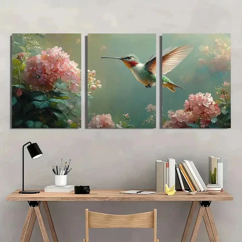 3pcs Vibrant Hummingbird & Hydrangea  Wall Art Set Canvas Unframed - High Quality Print 100% Australian Made Wall Canvas