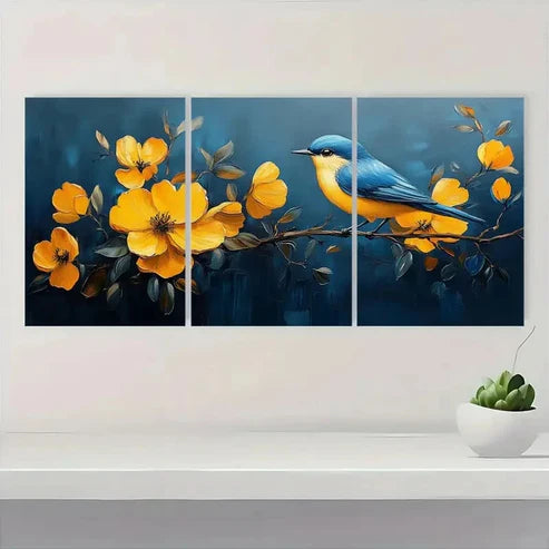 3pcs Vibrant Yellow & Blue Bird Wall Art Canvas Unframed - High Quality Print 100% Australian Made Wall Canvas - Bella Home Decor