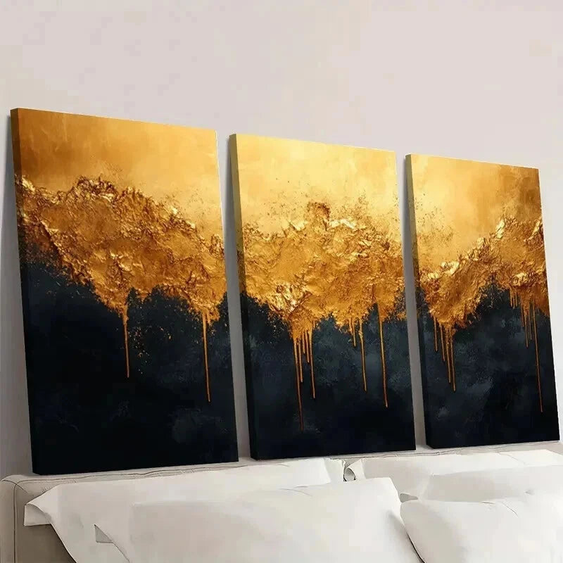 3pcs Vibrant Golden Black Design Wall Art Set Canvas Framed 40x60cm - High Quality Print 100% Australian Made Wall Canvas Ready to Hang