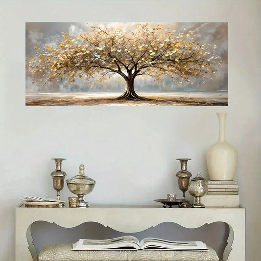 Golden & Beige Leaves wall canvas office home room framed 120x60cm - Bella Home Decor