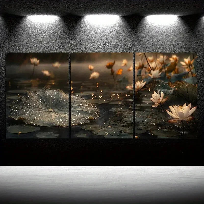 3pcs Leaves Adorned with Dewdrops Painting Metal Print Ready to Hang Art - Bella Home Decor