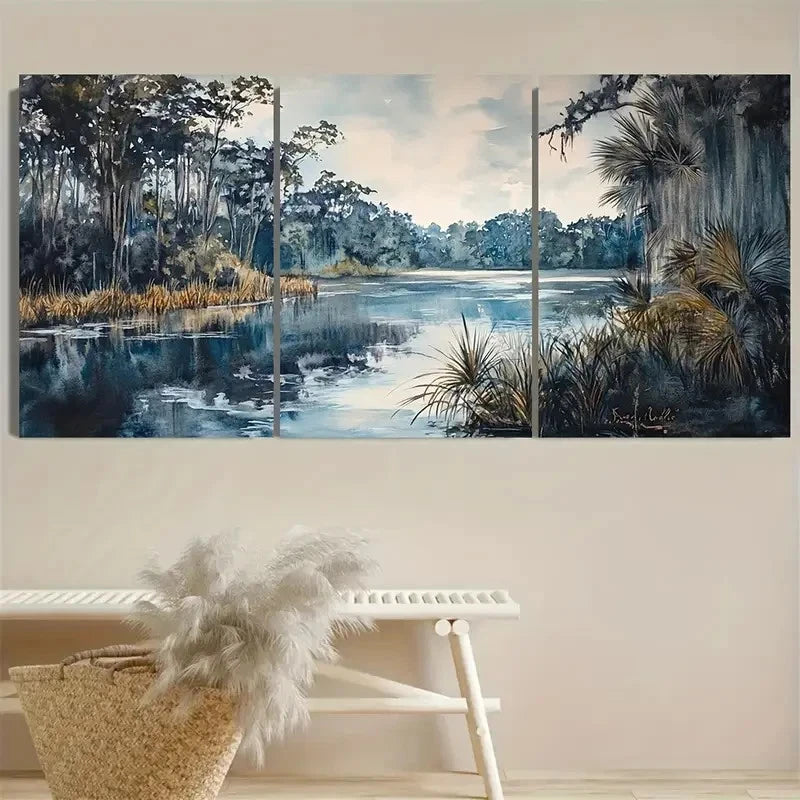 3pcs Serene Wetland Landscape with Palm Trees Wall Art Set Canvas Framed 50x70cm - High Quality Print 100% Australian Made Wall Canvas Ready to Hang - Bella Home Decor