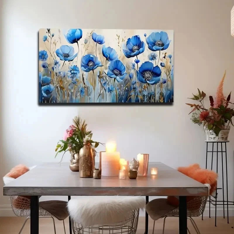 Color Blue Flowers Watercolor Wall Art Canvas Office Home Room Framed 120x60cm