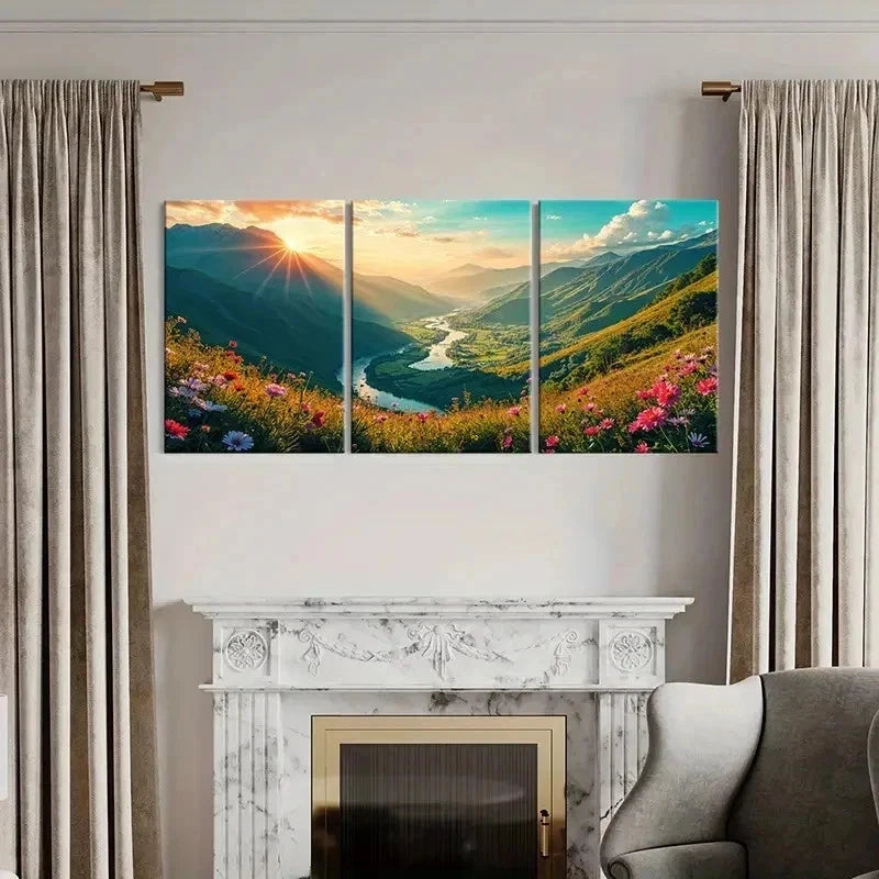 3pcs Valley Under Sunset Nature Scenery Wall Art Set Canvas Framed 50x70cm - High Quality Print 100% Australian Made Wall Canvas Ready to Hang