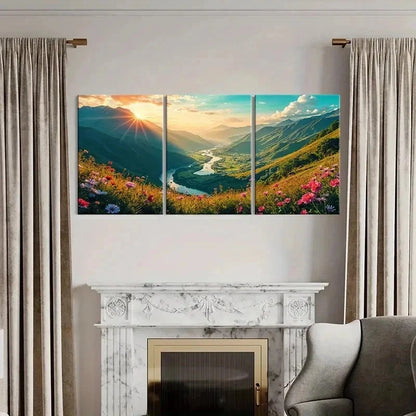 3pcs Valley Under Sunset Nature Scenery Wall Art Set Canvas Framed 50x70cm - High Quality Print 100% Australian Made Wall Canvas Ready to Hang