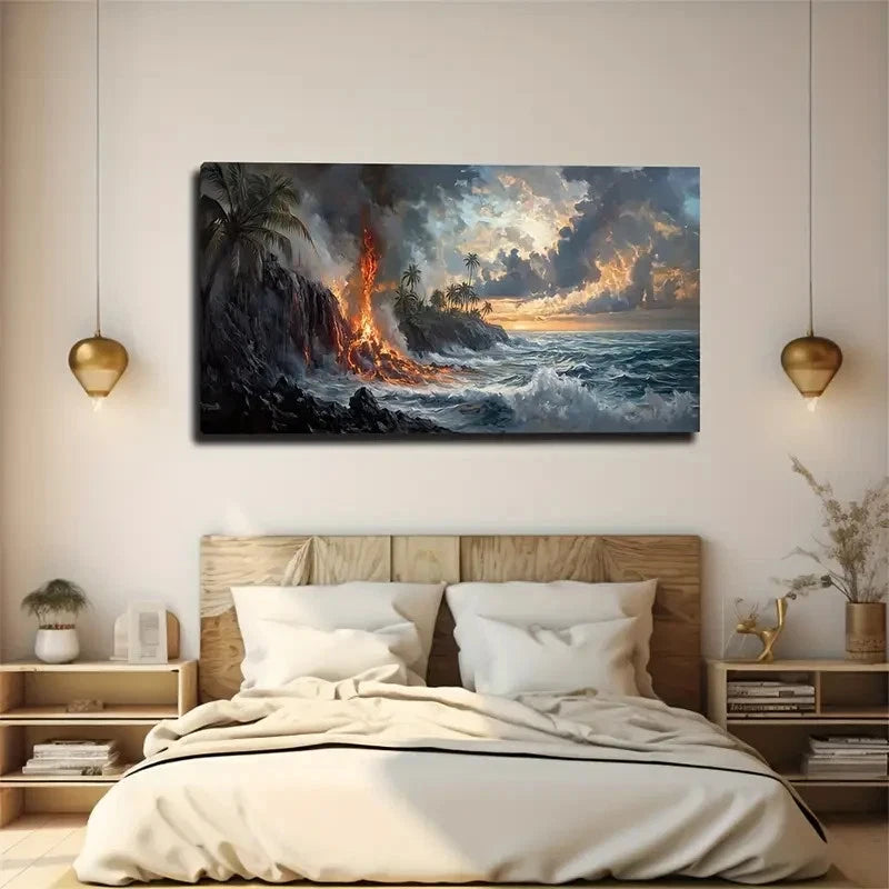 Dramatic Volcano & Ocean Lands Wall Art Canvas Office Home Room Framed 120x60cm