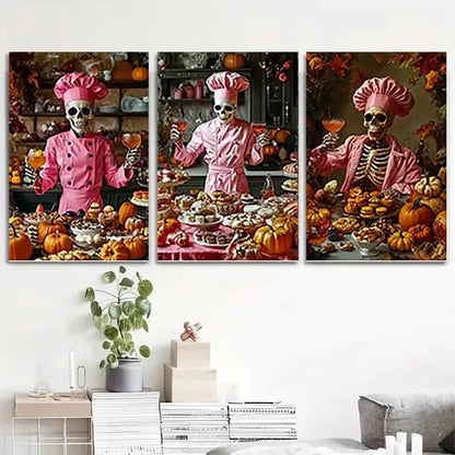 3pcs Whimsical Skeleton Chef Wall Art Set Canvas Unframed - High Quality Print 100% Australian Made Wall Canvas
