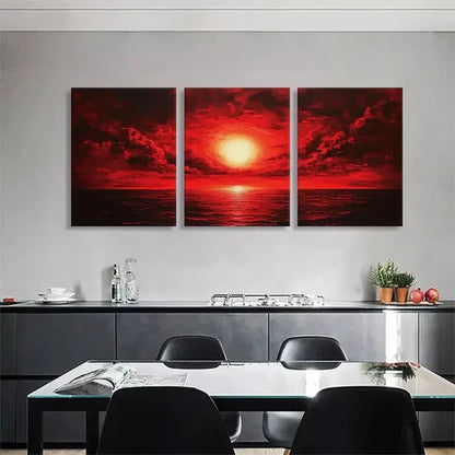 3pcs Red Sunset Ocean Sky and Sea Perfect Wall Art Set Canvas Unframed - High Quality Print 100% Australian Made Wall Canvas