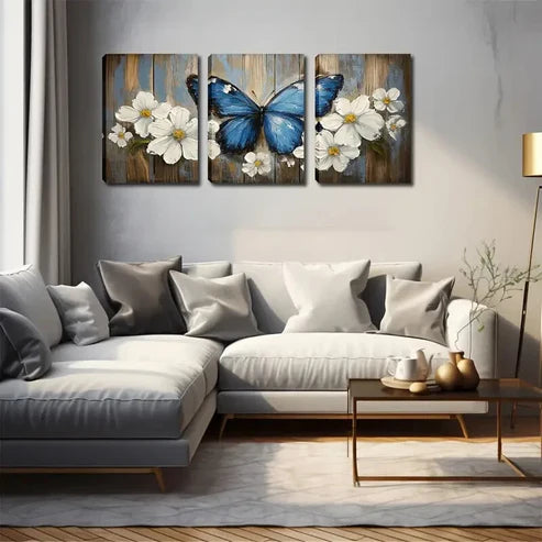 3pcs Blooming Flowers & Blue Butterfly Wall Art Canvas Unframed - High Quality Print 100% Australian Made Wall Canvas - Bella Home Decor