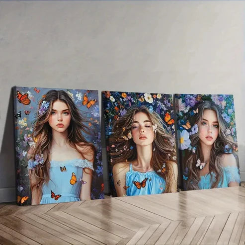 3pcs A beautiful woman with long, curly hair Wall Art Set Canvas Unframed - High Quality Print 100% Australian Made Wall Canvas - Bella Home Decor