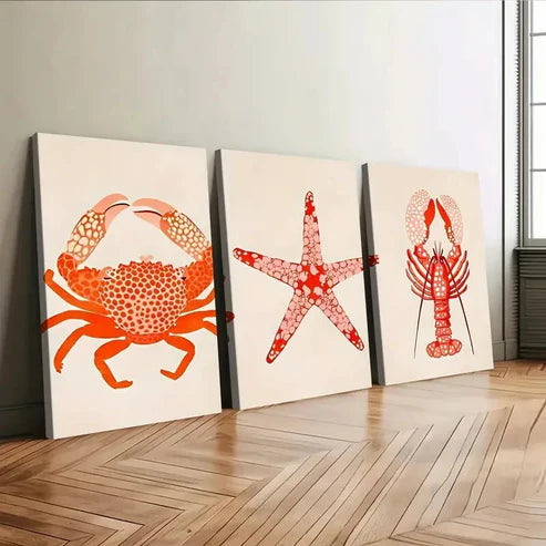 3pcs Red Shrimp Crab Star Fish Orange & Beige Wall Art Canvas Unframed - High Quality Print 100% Australian Made Wall Canvas