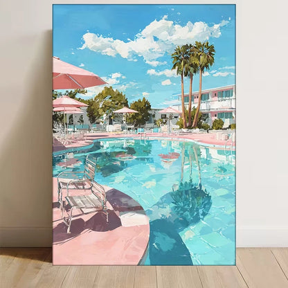 Swimming Pool & Motel Art Painting Metal Print Ready to Hang