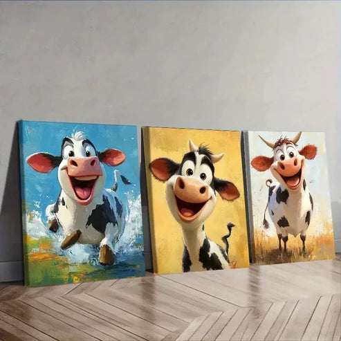3pcs a cute, happy cow Wall Art Set Canvas Unframed – High Quality Print, 100% Australian Made Wall Canvas - Bella Home Decor