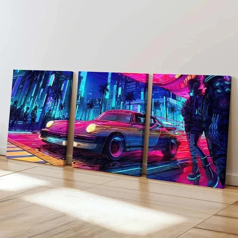 3pcs Vaporwave Aesthetic Sports Car Wall Art Set Canvas Framed 60x90cm - High Quality Print 100% Australian Made Wall Canvas Ready to Hang