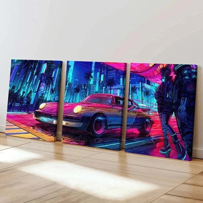 3pcs Vaporwave Aesthetic Sports Car Wall Art Set Canvas Framed 60x90cm - High Quality Print 100% Australian Made Wall Canvas Ready to Hang