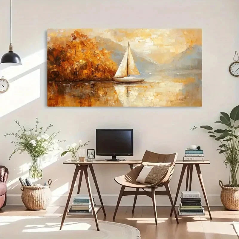 Autumn Sailboat Landscape Wall Art Canvas Office Home Room Framed 120x60cm - Bella Home Decor