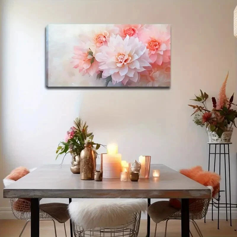Soft Pastel Pink White Dahlia Wall Art Canvas Office Home Room Framed 120x60cm - Bella Home Decor