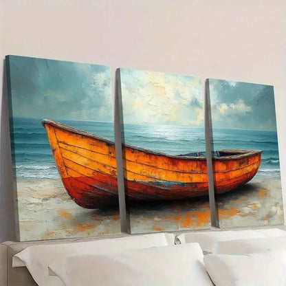 3pcs Boat Vintage Modern Style Serene Seascape Wall Art Set Canvas Framed 60x90cm - High Quality Print 100% Australian Made Wall Canvas Ready to Hang