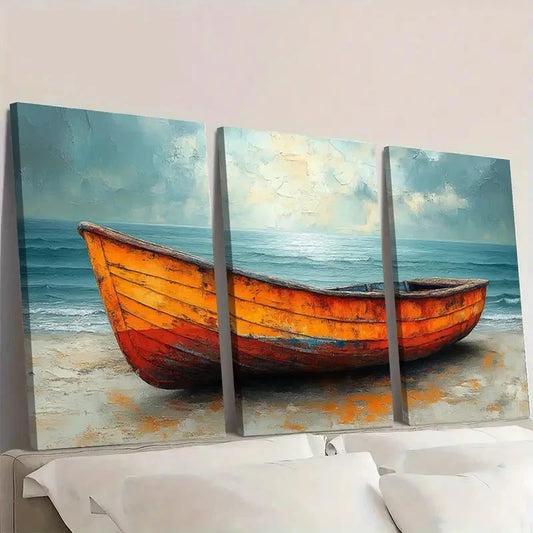 3pcs Boat Vintage Modern Style Serene Seascape Wall Art Set Canvas Framed 60x90cm - High Quality Print 100% Australian Made Wall Canvas Ready to Hang