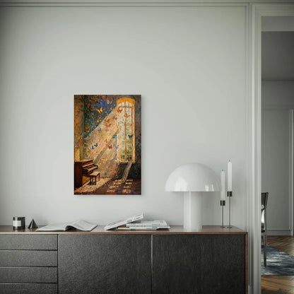 The Sun Shines on The Piano Covered with Flowers Metal Print Ready to Hang