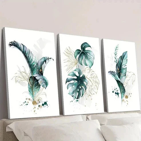 3pcs Golden Lines and Cyan Tropical Plants Wall Art Set Canvas Unframed - High Quality Print 100% Australian Made Wall Canvas - Bella Home Decor
