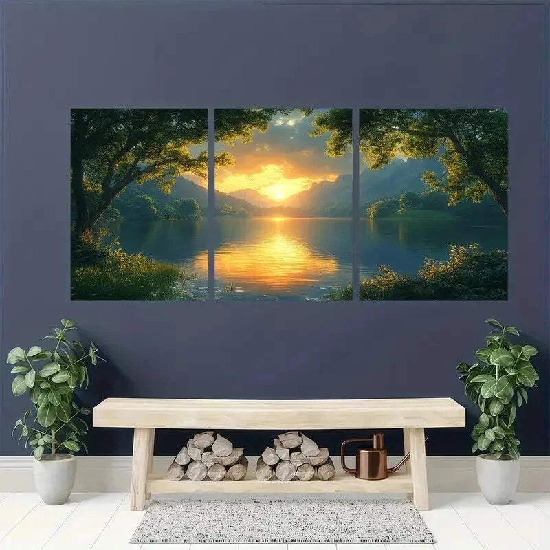 3pcs Serene Shire Sunrise & Calm Waters Scene Wall Art Set Canvas Framed 60x90cm - High Quality Print 100% Australian Made Wall Canvas Ready to Hang - Bella Home Decor
