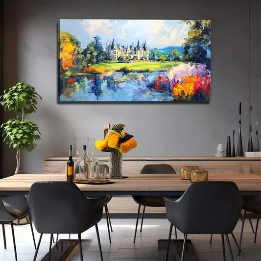 Bohemian Castle Lake Scene Wall Art Canvas Office Home Room Framed 120x60cm