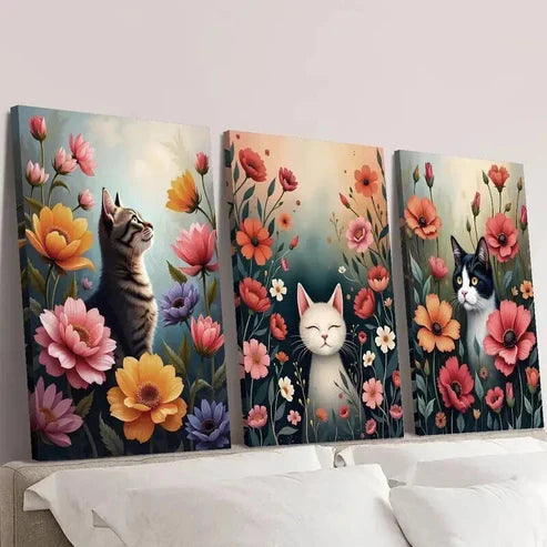 3pcs Cats in the Colorful Garden Design Wall Art Canvas Unframed – High Quality Print 100% Australian Made Wall Canvas - Bella Home Decor