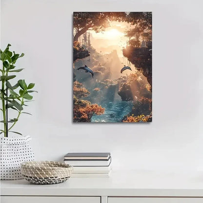 Steampunk Dolphin Swing Scene with Magical Painting 40x60cm Metal Print Ready to Hang - Bella Home Decor