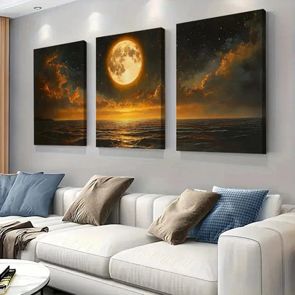 3pcs Stunning Moonlight Ocean Night Wall Art Set Canvas Framed 40x60cm - High Quality Print 100% Australian Made Wall Canvas Ready to Hang - Bella Home Decor